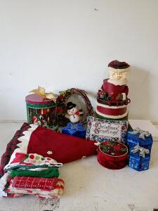 Vintage & Handmade Christmas Decoration Lot &ndash; Tree Skirt, Ornaments, Tins, Linens, Wreath