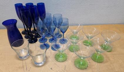 Mixed Set of Colored Glassware: Wine, Champagne, Martini Glasses, Tumblers, Carafe