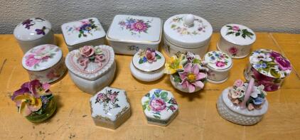 Set of Porcelain Trinket Boxes with Floral Designs and 3D Appliqu&eacute;