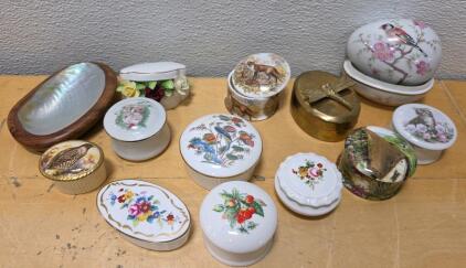 Lot of Porcelain, Ceramic, Brass & Mother of Pearl Trinket Boxes - Floral, Bird & Animal Themes