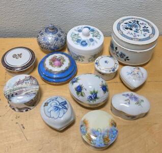 Lot of Decorative Porcelain Trinket Boxes, Floral & Victorian Themes, Varied Shapes, Gold Gilt