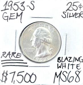 1953-S Washington Quarter 90% Silver, San Francisco Mint, Seller MS68, Low Population