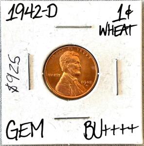 1942-D Lincoln Wheat Cent 1&cent; GEM BU Penny, Brilliant Uncirculated, Denver Mint
