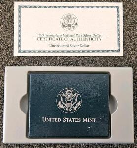 1999 Yellowstone National Park Silver Dollar - Uncirculated, US Mint, 90% Silver, COA, Box