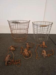 Vintage Steel Animal Traps Set Of 5 And Two 14" Wire Farm Baskets, 1940s-70s, Rusty Patina