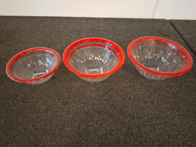 Vintage 3-Piece Clear Glass Mixing Bowl Set With Red Rim, Mid-Century Nesting Bowls
