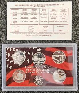 2005 US Mint 50 State Quarters Silver Proof Set - California Minnesota Oregon Kansas WV, COA, Box