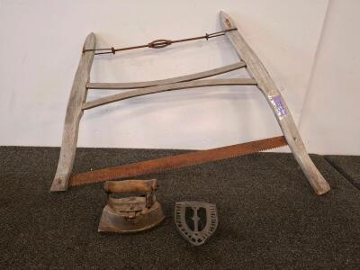 Vintage Approximately 30" Frame Bow Saw With Hardwood Handle & Metal Turnbuckle Tensioner, Rusted Blade and vintage iron with cast iron stand