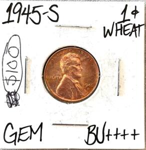 1945-S Lincoln Wheat Cent Penny, San Francisco Mint, GEM BU+++ Uncirculated, 95% Copper