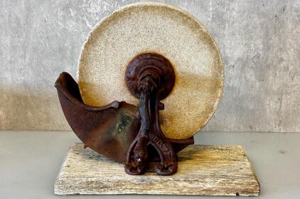 Antique C.S. Co. Hand-Crank Sharpening Wheel, Cast Iron Frame, 10" Sandstone, Complete