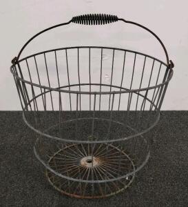 Vintage Industrial Wire Utility Basket With Coiled Spring Handle, 17-19" Diameter