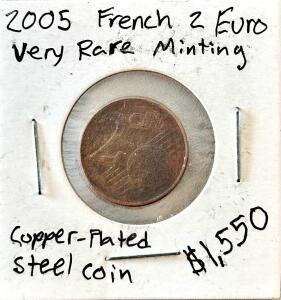 2005 France 2 Euro Cent Coin, Copper-Plated Steel Error, Circulated, KM#1666, Marianne Design