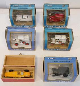(6) ERTL Classic Vehicles Lot: '57 Thunderbird, '32 Ford Panel, '13 T-Van, '23 Model T, Schuco Racer