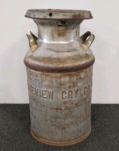Vintage Lakeview Creamery Co. 10-Gallon Metal Milk Can with Domed Lid and Dual Handles