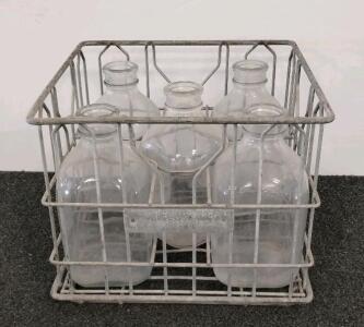 Weigel's Inc. 5-Bottle Galvanized Milk Crate with 1/2 Gallon Glass Bottles, 1964, Vintage Dairy