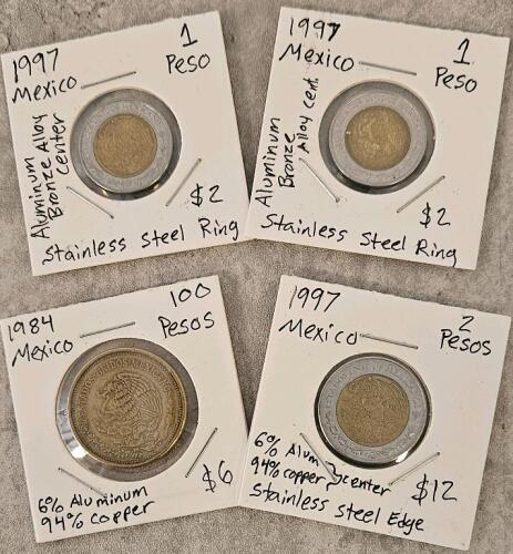 1997 & 1984 Mexican Pesos Set &ndash; 1, 2 & 100 Pesos, Aluminum-Bronze & Stainless/Bimetallic
