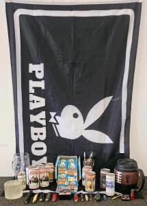 Vintage Collectibles Lot &ndash; Playboy Banner, 1990 Fleer Baseball Cards, Knives, Beer Cans & More
