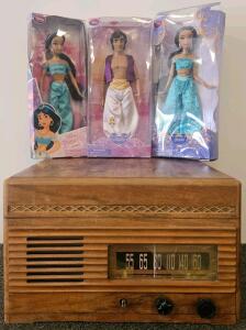Vintage Tabletop AM Radio Record Player Combo, Wood Cabinet, 1940s-50s, Serial #1594 (tested, works).Disney Store Aladdin & Jasmine Fashion Dolls, 11" Collectibles, Original Packaging, fully poseable, includes original outfits and accessories.