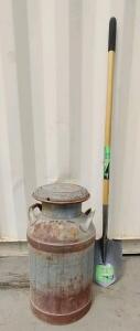 Vintage 10 Gallon Galvanized Steel Milk Can with Lid and Handles, Heavy Patina, 1920s-1940s, USA & AMES Digging Shovel, Round Point Blade, 48" Hardwood Handle, Non-Slip Grip, Steel Blade (new)