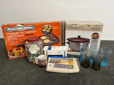 West Bend 6 Qt Slow Cooker, Proctor Silex Griddle, Coca-Cola Glasses, Utensil Jar, More, (3 boxes at pick up)