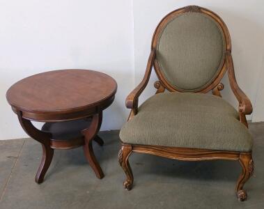 Traditional Upholstered Armchair & Round Side Table Set, Carved Wood,
