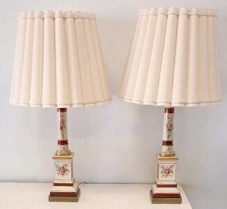 Pair Porcelain Table Lamps Floral Painted Base & Pleated Fabric Shades, Traditional, 28 in Tall