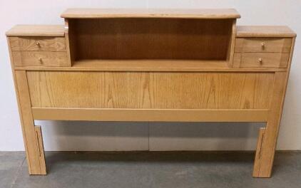 Wooden Bookcase Headboard With Drawers And Central Shelf, Made Of Pine With Polyurethane Finish