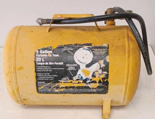 5 Gallon (20L) Portable Steel Air Tank, 125 PSI Max, Gauge & Hose, Yellow