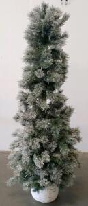 Artificial 6 ft Snow-Flocked Slim Pine Tree in Birch Pot, Indoor Decor, 24" Wide
