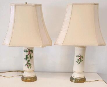 Pair of Vintage Ceramic Table Lamps with Floral Hand-Painted Design, Gold Accents,