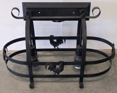 Wrought Iron Hanging Pot Rack Chandelier with Rooster Motifs and Two Light Sockets