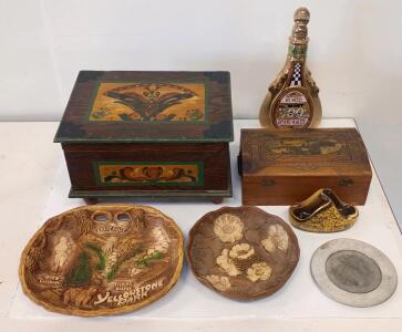 Jim Beam 1973 Mint 400 Decanter, Pewter Constitution Plate, Folk Art Boxes, Yellowstone Souvenirs