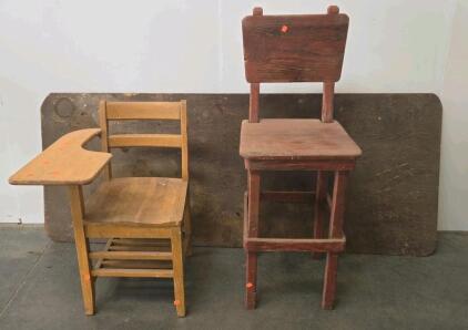 Vintage Wooden School Desk Chair with Tablet Arm, High Stool, & 6-Foot Folding Table Lot