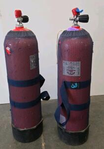 2 Steel SCUBA Diving Cylinder, 80 cu ft, Yoke Valve, Red w/ Mesh Cover & Handle, SN 161xxxx