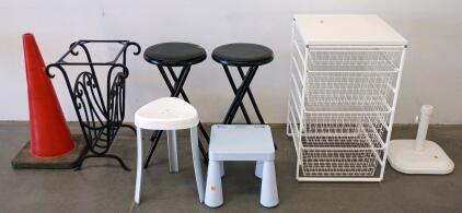 Storage Unit, Folding Stools, Plant Stand, Traffic Cone, And Umbrella Base