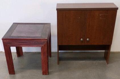 Medium Brown Wooden Cabinet With Metal Handles And Ribbed Side Table