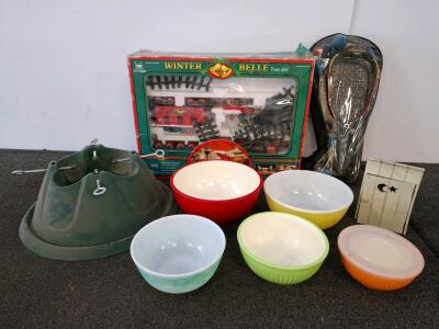 Train set, Christmas Tree Base/ Holder, Large Set Of Mixing Bowls, Decorative Miniature Wooden Outhouse Cabinet With Hinged Door And Crescent Moon Cutout, And More