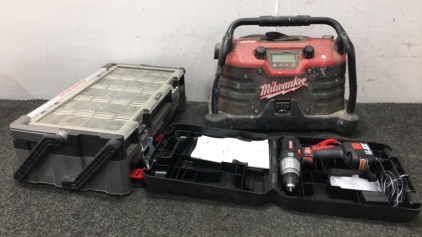 Milwaukee Work Portable Radio Speaker, Craftsman Drill, Husky Toolbox