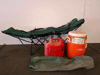 Camping Gear Bundle: Folding Steel Cot With Bag, 5 Gal Gas Can, 5 Gal Igloo Water Cooler