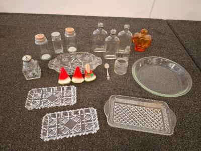 Vintage Glassware &ndash; 17 Pieces | Mixed Bottles, Trays, Jars, Ceramic Watermelon, Heart Bottle