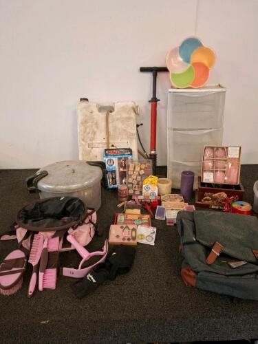Horse Grooming Kit With Pink/Brown Bag, Brushes, Combs, And Hoof Pick, Large Water Tank, Bike Pump, And More