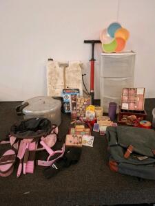 Horse Grooming Kit With Pink/Brown Bag, Brushes, Combs, And Hoof Pick, Large Water Tank, Bike Pump, And More