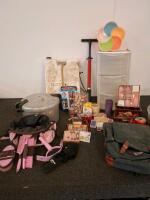 Horse Grooming Kit With Pink/Brown Bag, Brushes, Combs, And Hoof Pick, Large Water Tank, Bike Pump, And More