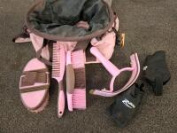 Horse Grooming Kit With Pink/Brown Bag, Brushes, Combs, And Hoof Pick, Large Water Tank, Bike Pump, And More - 8