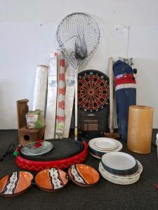Coleman Replacement Globe Lantern 220/228/235/290/295 & Home Decorators Vinyl Mini Blinds, Fishing Net, Electronic Dart Board (No Cord To Test), Large Roll Of Saran Wrap, And More, fajita grill/ Griddle set. ( powered on. Dishes, sledge hammer. And more