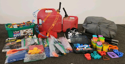 2 Gas Cans, Tent With Poles, & K'NEX Rippin' Rocket Roller Coaster Building Set, 1,058+ Pieces, Motorized Boosters (Unable To Test), 5-Foot Tall, And More