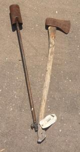 Vintage Broad Axe With Wooden Handle And Steel Post Driver, 8" Axe Head, 5" Driver, SN 2341