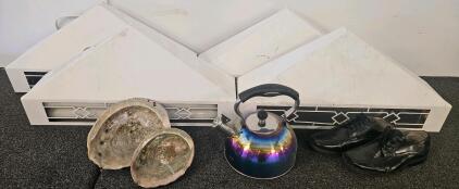Four Gilbert 2002GT Wall-Mount Insect Light Traps, 120V, 22"x12", 2x20W Bulbs, Serial LR53208 (Tested, Works), Two Large Abalone Shells, Boys 2M Dress Shoes, And Rainbow Tea Kettle