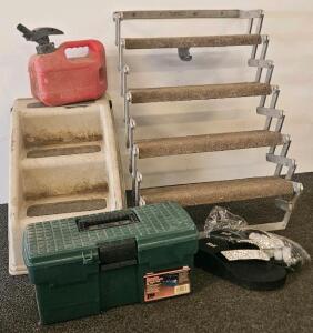 Step-Up 4-Step Folding RV Steps & 3-Step Plastic Pet Stairs, Metal/Carpet, Non-Slip, Portable. 1 gallon gas can, toolbox, women's sandals size 10