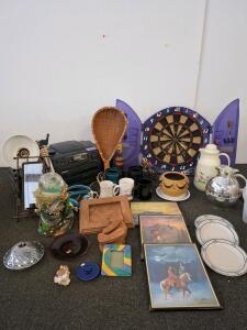 Dart board, boom box. (Unable to test) Decorative Dolphin Snow Globe Figurine with Dual Globes and Coral Reef Base, vintage kitchen carrafe's. Native American artwork. Vintage strainer and more